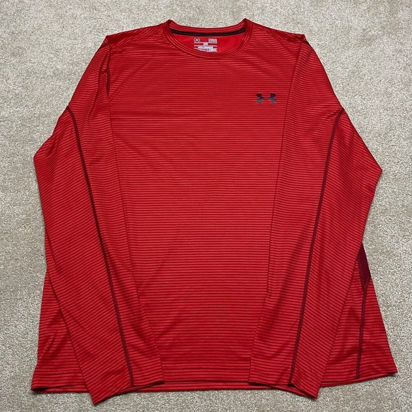 Under Armour T Shirt Men Large Red Logo Active Run Gym Retro Long Sleeve  Striped