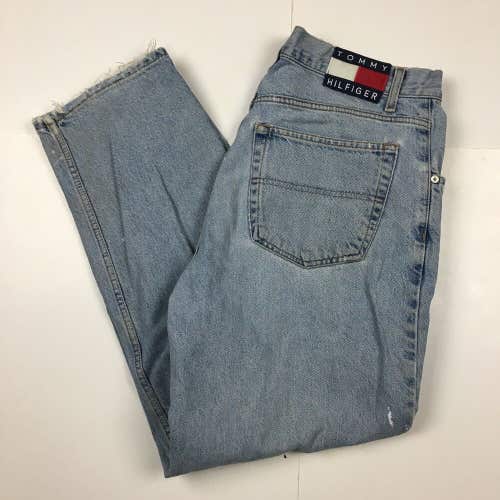 Vintage Y2K Tommy Hilfiger Big Flag Light Distressed Wash Denim Blue Jeans 34x30
