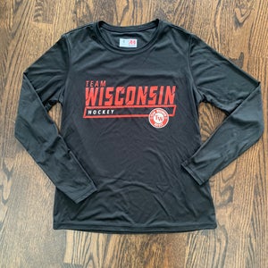 NEW - Long Sleeve Team Wisconsin Hockey WOMENS Performance Shirt. 100% polyester.