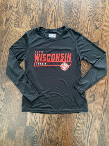 NEW - Long Sleeve Team Wisconsin Hockey WOMENS Performance Shirt. 100% polyester.