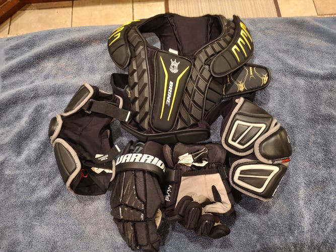 Used Brine Lacrosse Gloves, shoulder and arm pads
