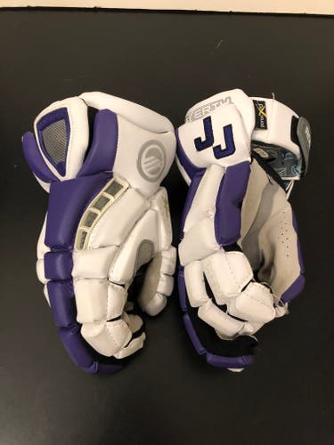 New Player's Maverik Rome RX3 Lacrosse Gloves 12" White & Purple John Jay Cross River logo