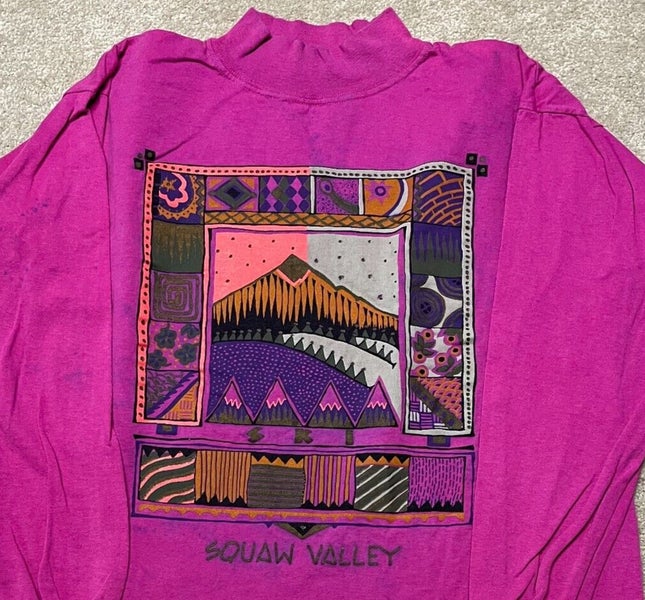 Squaw Valley Mountain T Shirt Men Large Pink Mock Neck Vintage 90s Ski Hike