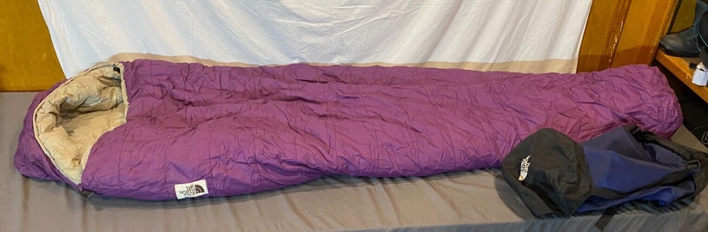 Vintage The North Face Purple Right Zip Synthetic Fill Mummy Bag +Stuff Sack
