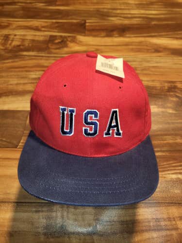 NEW Vintage Rare USA Sports Cotton Leather Strapback Vtg Red Navy Blue Hat Cap
