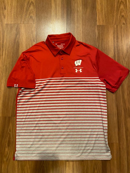 New Wisconsin Badgers Hockey Team Issued Under Armour "The Playoff Polo" Men's Large Red/Grey