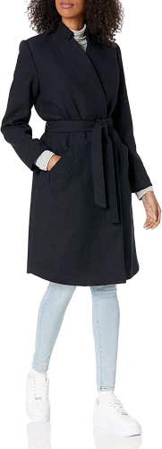 Amazon Brand - Daily Ritual Women's Wool Blend Belted Coat, Navy Herringbone 10