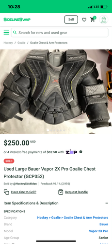 Used Large Bauer Vapor 2X Pro Goalie Chest Protector (GCP052)