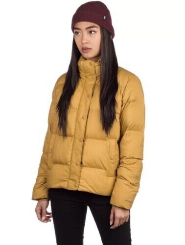 Patagonia Silent Down Jacket Puffer Women's Mustard Yellow Kostanos Brown Sz XS