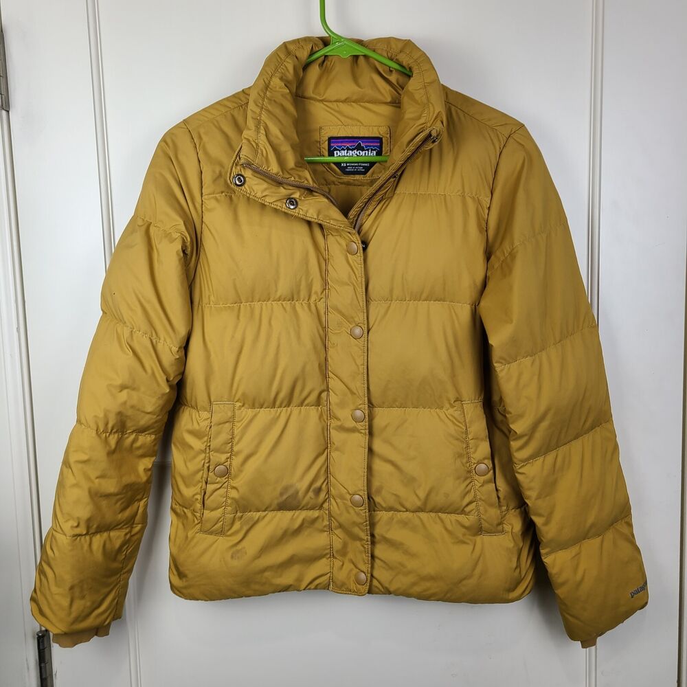Patagonia Silent Down Jacket Puffer Women's Mustard Yellow Kostanos Brown Sz Xs