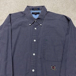 Tommy Hilfiger Button Down Shirt Men Large Grid Check Casual Crest Vintage Golf