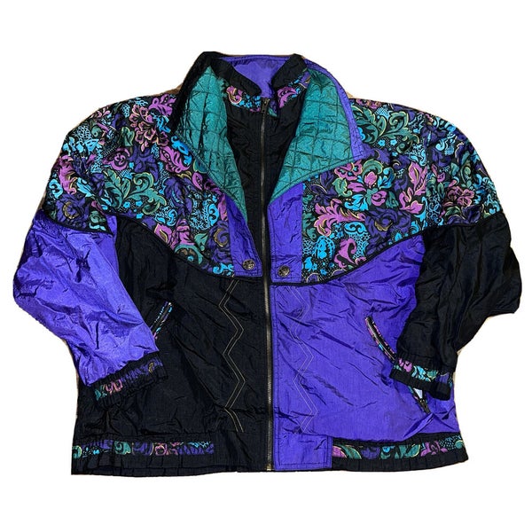 Vintage 90s Sports Accent Floral Windbreaker Zip Jacket Nylon Color Block  RARE L