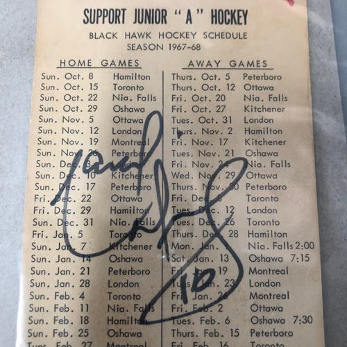Marcel Dionne autographed St Catharines Black Hawks schedule