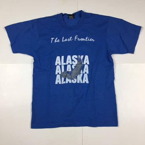 Vintage Alaska The Last Frontier Tourist Souvenir T-Shirt Blue Puffy Printer L
