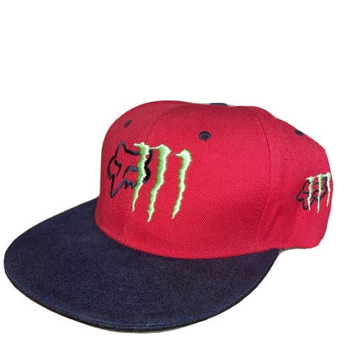 Monster Energy Fox Racing Snapback Hat Embroidered Logo Red Green Cap RARE Xers