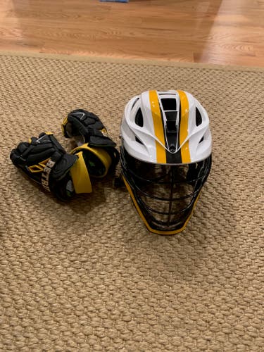 Used White UMBC Cascade S Helmet and New Maverik Max Black Custom UMBC Gloves