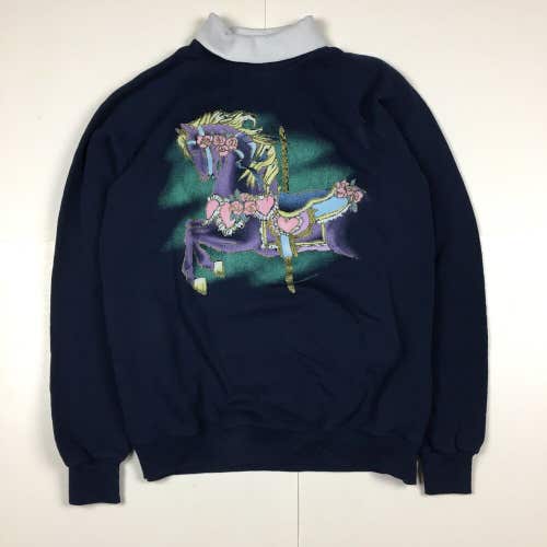Vintage 90s Carousel Horse Grandma Turtleneck Pullover Sweater Dark Blue (XL)