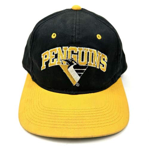 VTG GCC 90s Pittsburgh Penguins NHL Hockey Snapback Hat Logo Spellout Black Gold