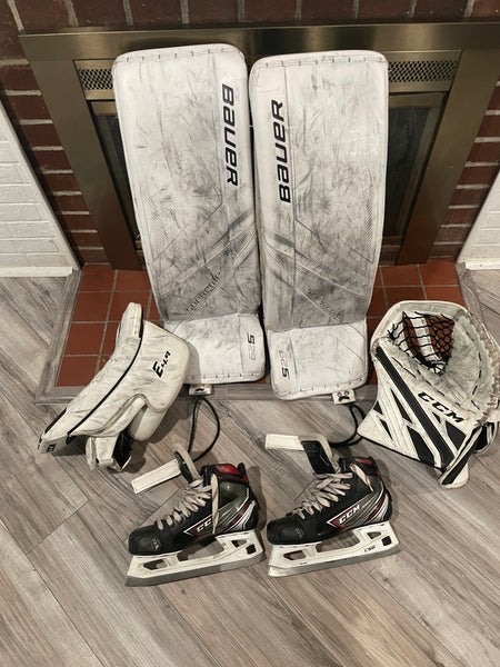 Used 31" Bauer Supreme S29 Goalie Leg Pads, CCM E4.9 blocker / glove, CCM Jetspeed 5.5 goalie skates
