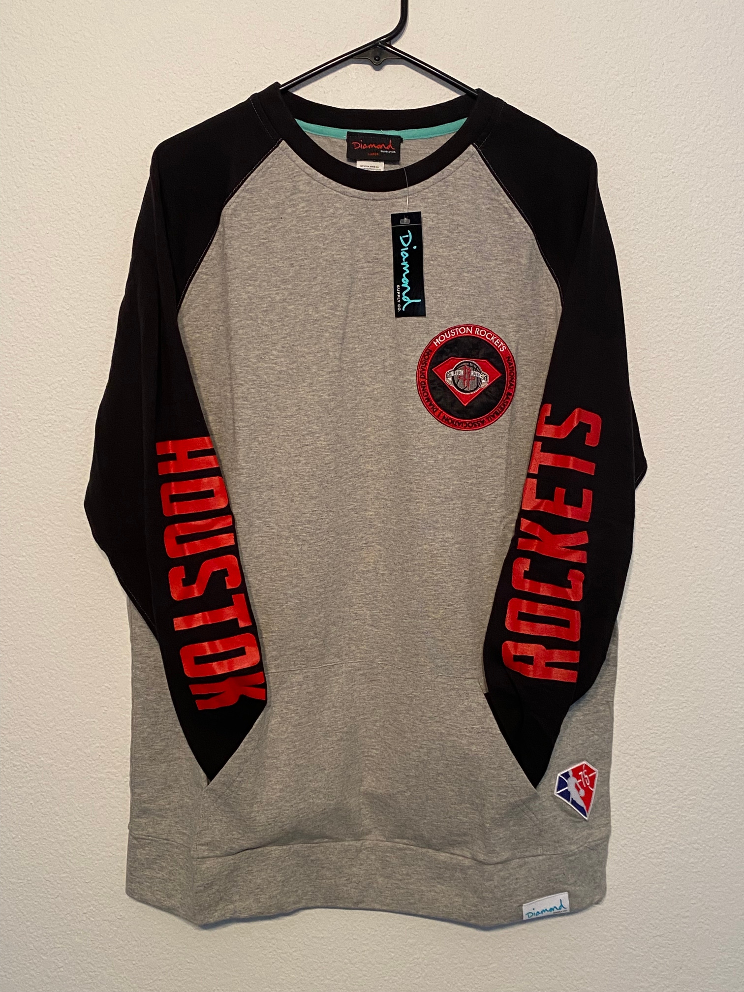Diamond Supply Co x NBA 75th Houston Rockets Men's Size L Raglan Sweatshirt New
