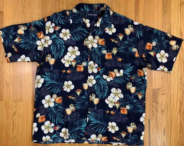 TRES BIEN Hawaiian Floral Shirt Button Up Camp S/S Drinks Olives Blue 2XL XXL