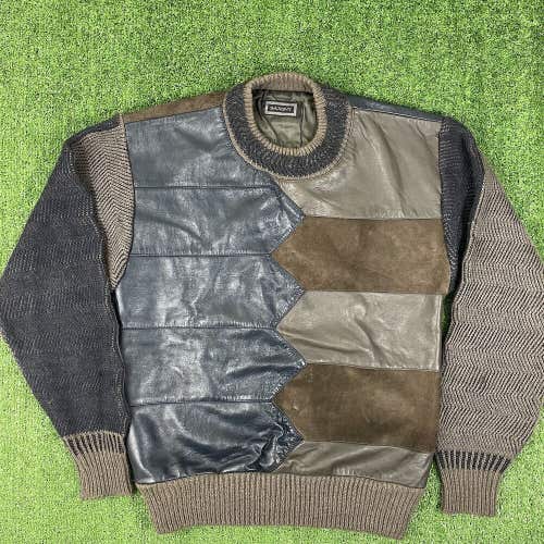 Vintage Saxony Multicolor Geometric Knit Leather Sweater Brown Blue Size Medium