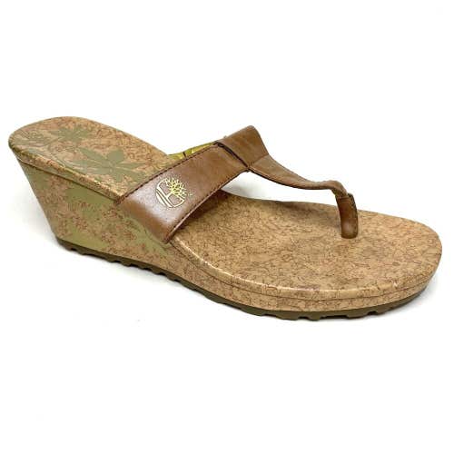 Timberland Women's Brown Beige Floral Leather Wedge Thong Sandals Size 6 M