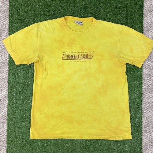 Nautica T Shirt Vintage 90s Logo Spell Out USA Made Street Wear Size L Yellow