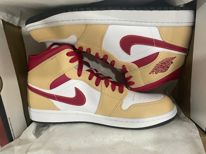 New Nike Jordan 1 Mid shoes Men US size 9.5 Light Curry Cardinal- in box