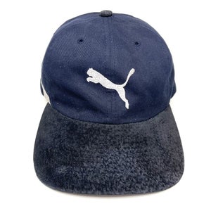 Vintage Puma Strapback Hat Cap Dark Blue White Cat Logo Striped Suede Brim