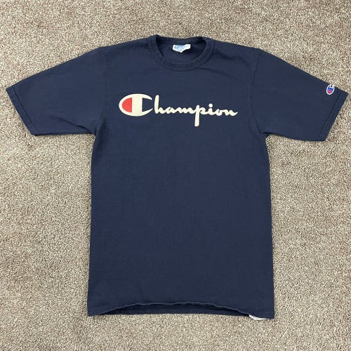 Vintage Champion Spellout Scripted Graphic T Shirt Tee Navy Blue Men’s Small