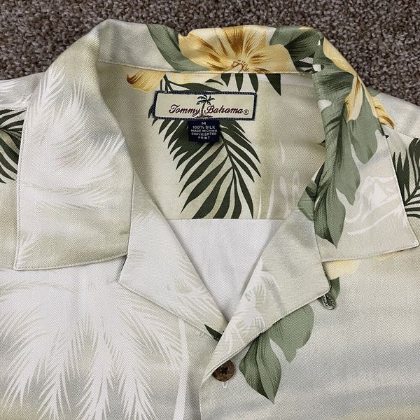 Read Tommy Bahama Medium Aloha Silk Hawaiian Shirt Mens Yellow Short Sleeve