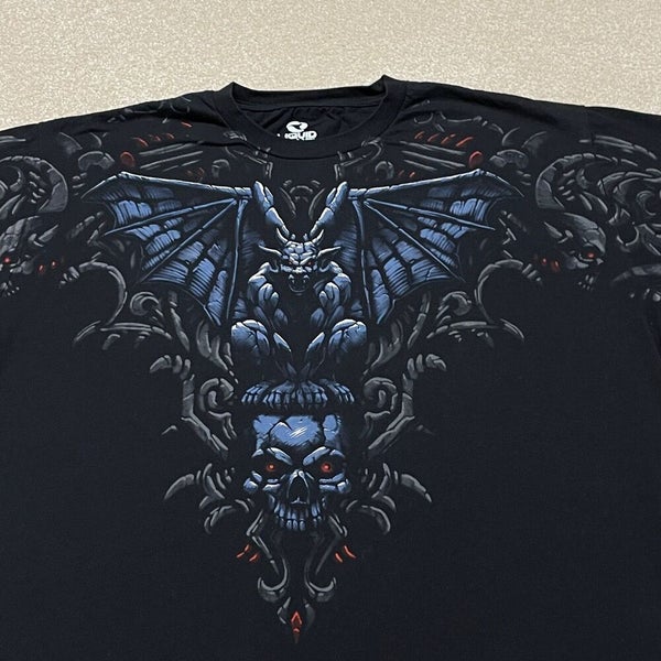 Gargoyle T Shirt Men 2XL Black Skeleton Liquid Blue Death Skull Bones Retro