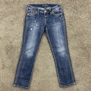 Silver Twisted Capri Distressed Womens Dark Wash Blue Jeans Size W25 25 x 26