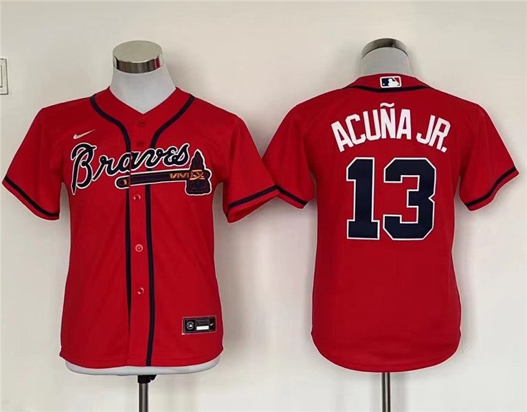 Ronald Acuna Jr Jersey Atlanta Braves Pinstripe Throwback Navy Blue MLB  Baseball