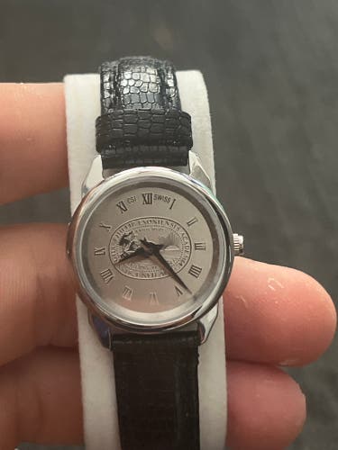 Phillips Exeter Academy Big Red Medallion Black Leather Wristwatch - Silver