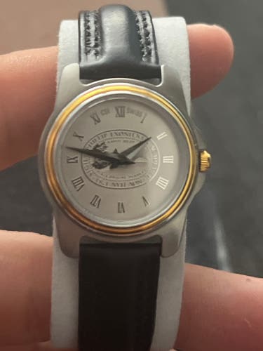 Phillips Exeter Academy Big Red Medallion Black Leather Wristwatch - Silver