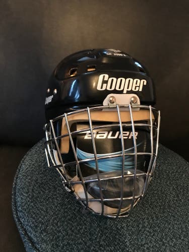 FREE SHIPPING Goalie Combo Cooper SK 2500 L helmet + Cooper HM50 chromed cage + new Bauer chin cup