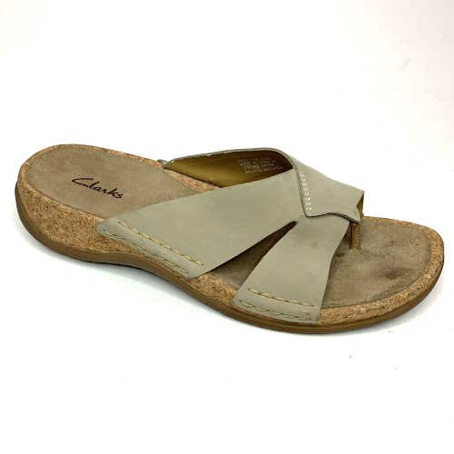 Clarks Santiago Thong Wedge Sandals Shoes Slip On Cork Tan Brown Sz 10 M 86821