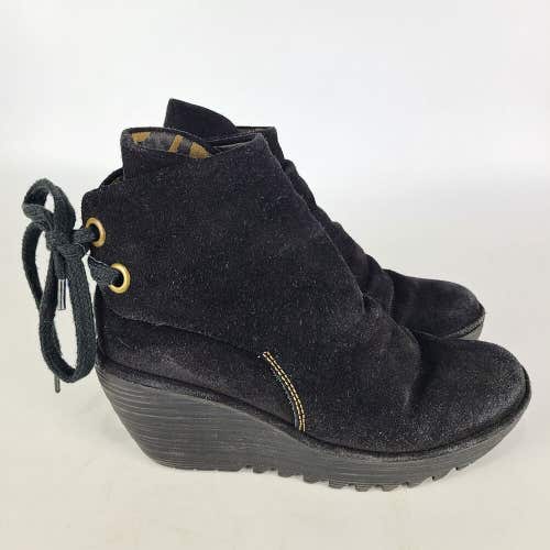 Fly London Yama Women’s Black Suede Ankle Boots Wedge Size: 37 / 6