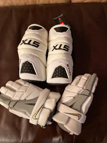 Bundled Nike Vapor elite lacrosse gloves and Stx cell3 arm pads