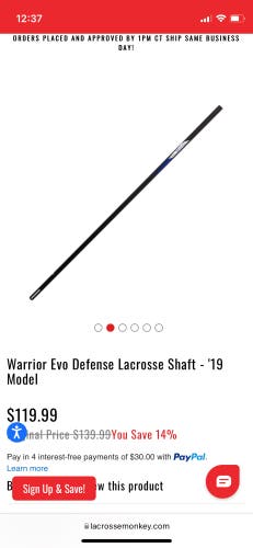Warrior Evo Defense Lacrosse Shaft