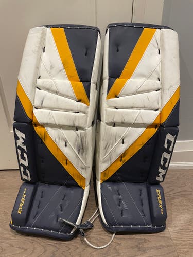 Used 28" CCM Eflex 5 Goalie Leg Pads - White/Blue/Sport Gold