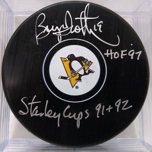 BRYAN TROTTIER Signed Pittsburgh Penguins NHL Hockey Puck Stanley Cup 91 92