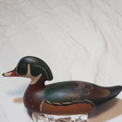 VINTAGE TOM TABER DUCK DECOY WOOD 15 1/2" GLASS EYES HAND PAINTED COLLECTIBLE