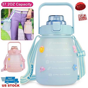 Kawaii Water Bottle with Straw 37.2oz Large Capacity