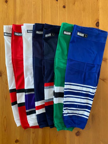 Used Large Hockey Socks -- 7 Pro Stock Reebok & 2 Custom Junkyard Athletic