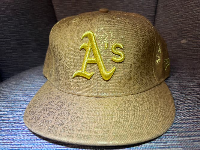 Oakland A’s custom 59fifty metallic gold embroidery and printed logos all over