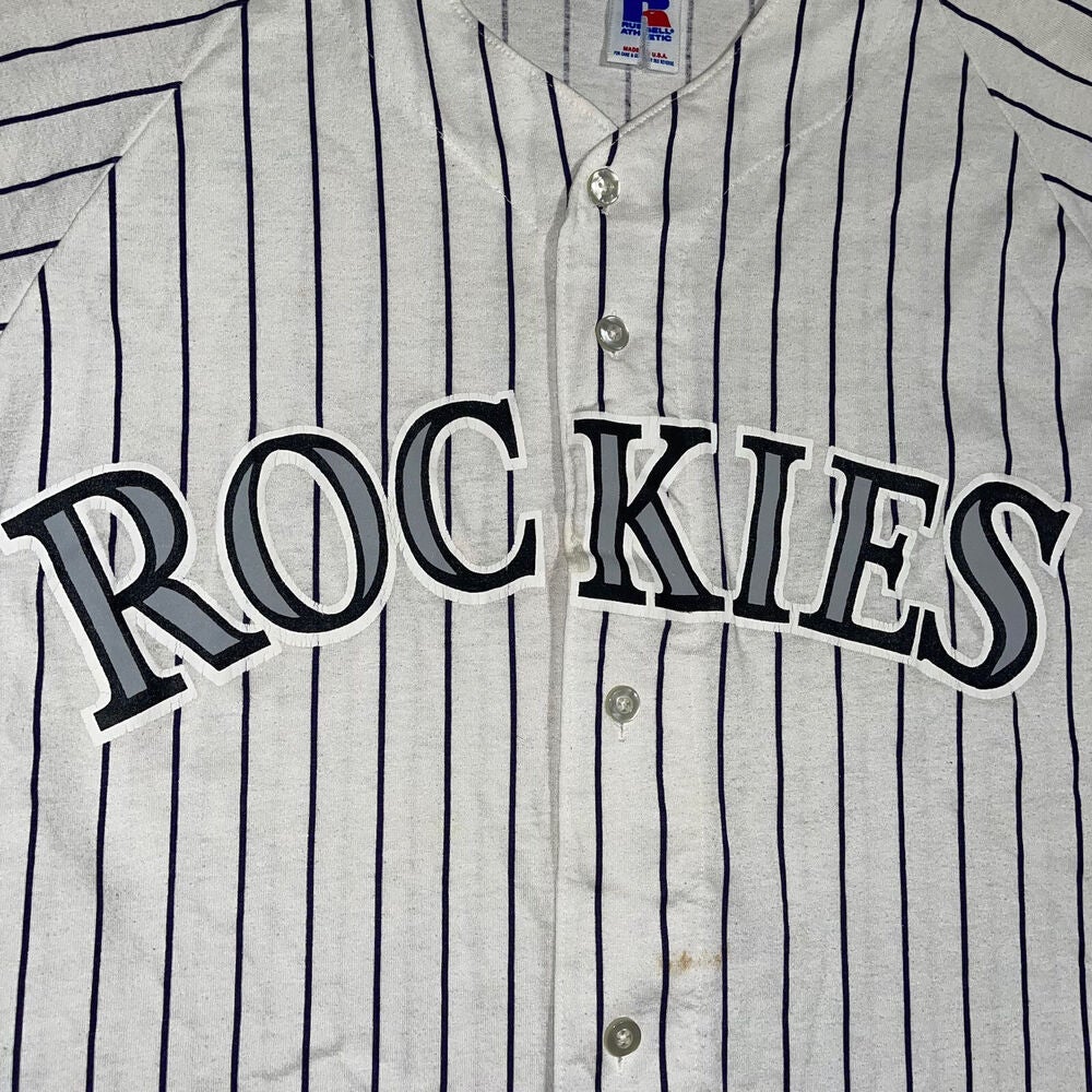 Russell Athletic, Shirts, Vintagerussell Athletic Colorado Rockies White  Pinstripe Mlb Baseball Jersey M