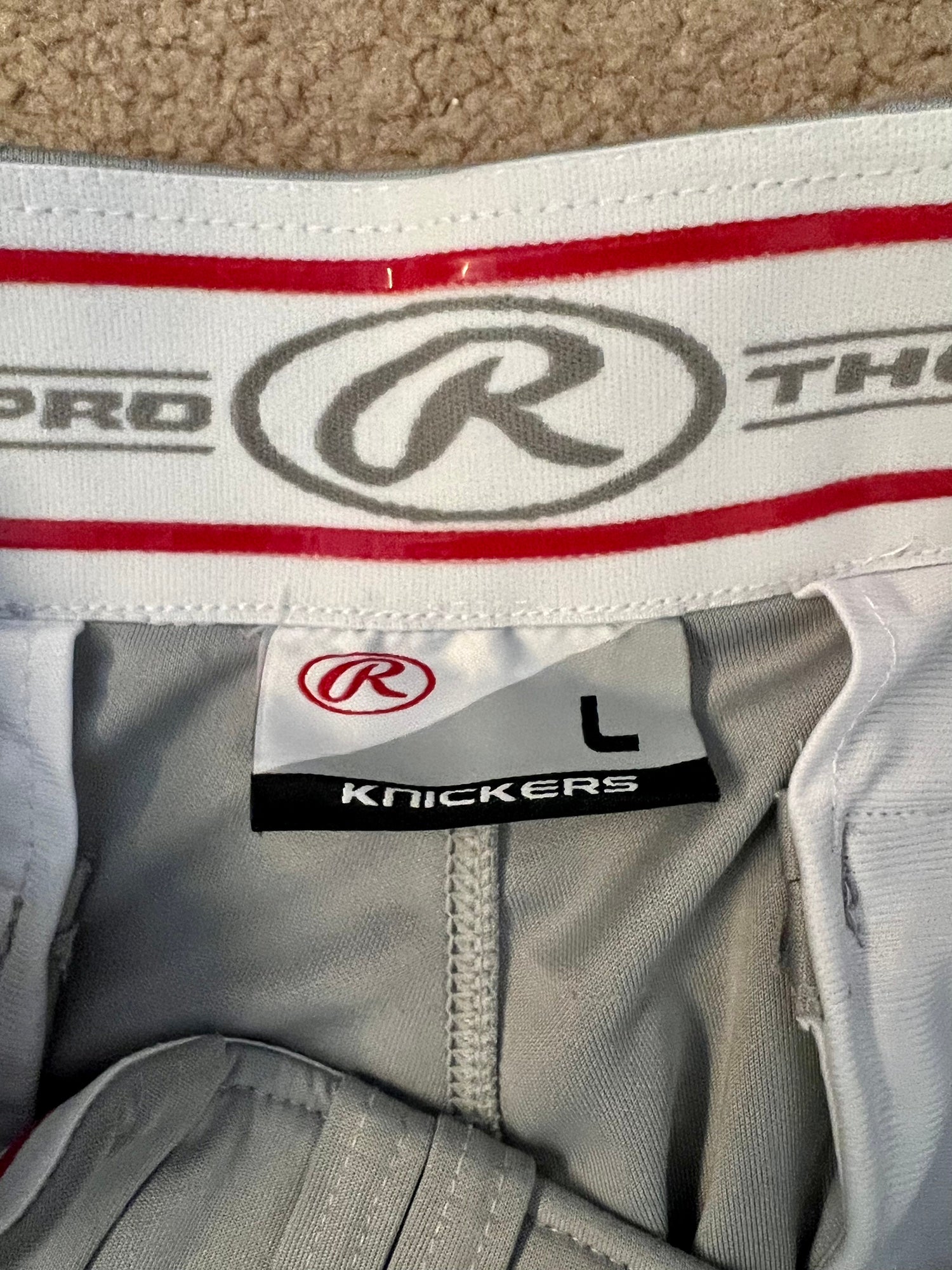 White Used Large Rawlings Knicker Game Pants with Royal Blue